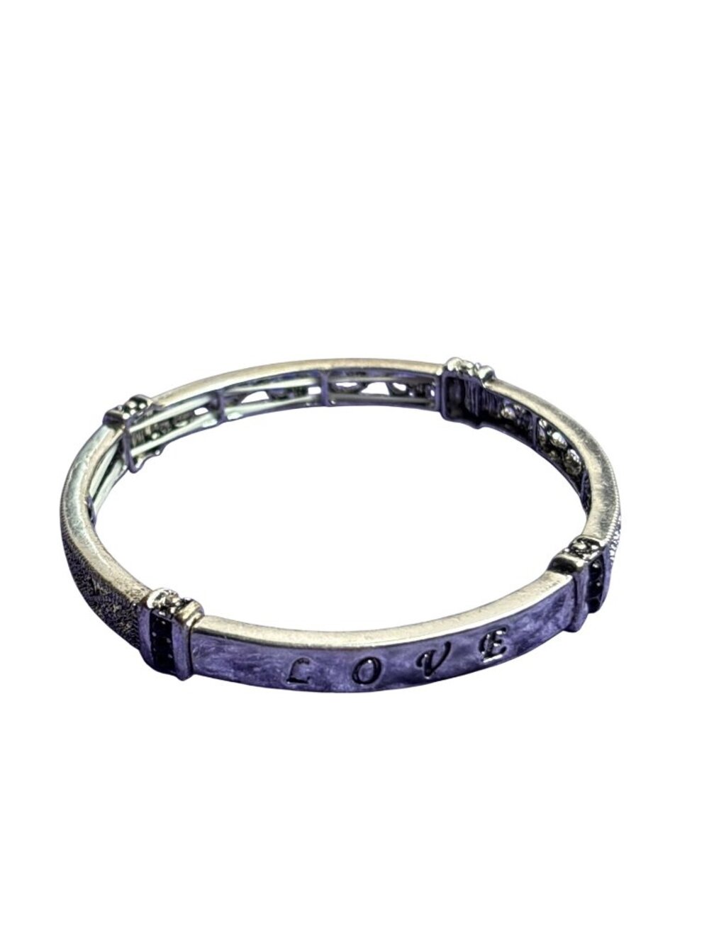 Love Silvertone Black Ornate Stretchy Bracelet 7 inches Unstretched